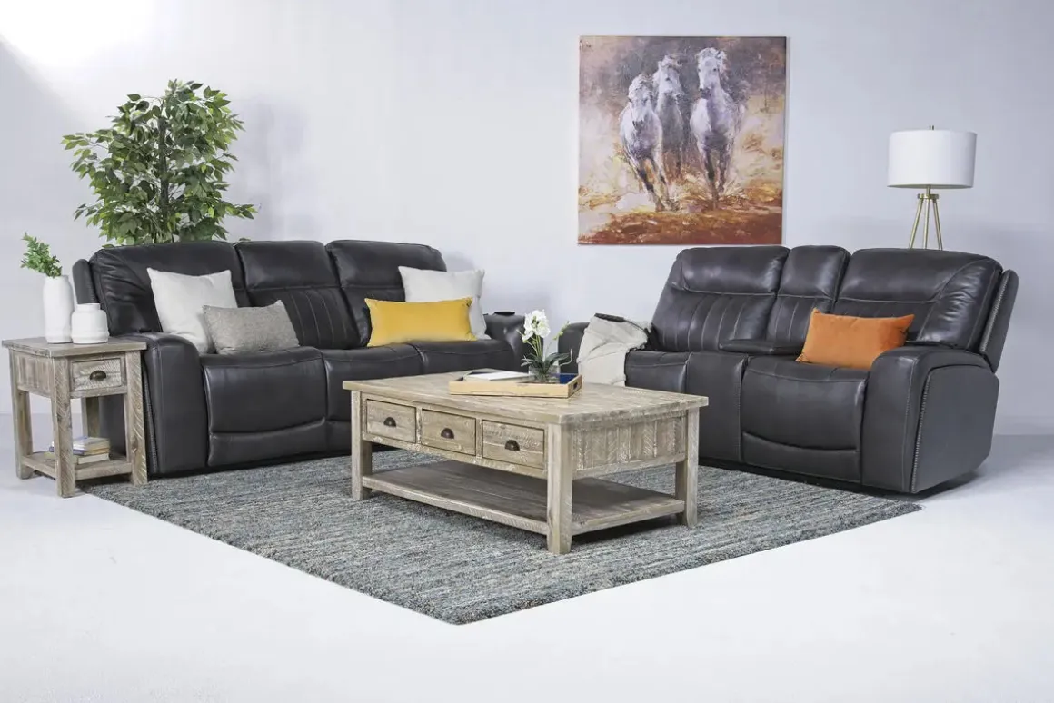 Banks 3 Power Console Loveseat In Chesapeake Charcoal Leather
