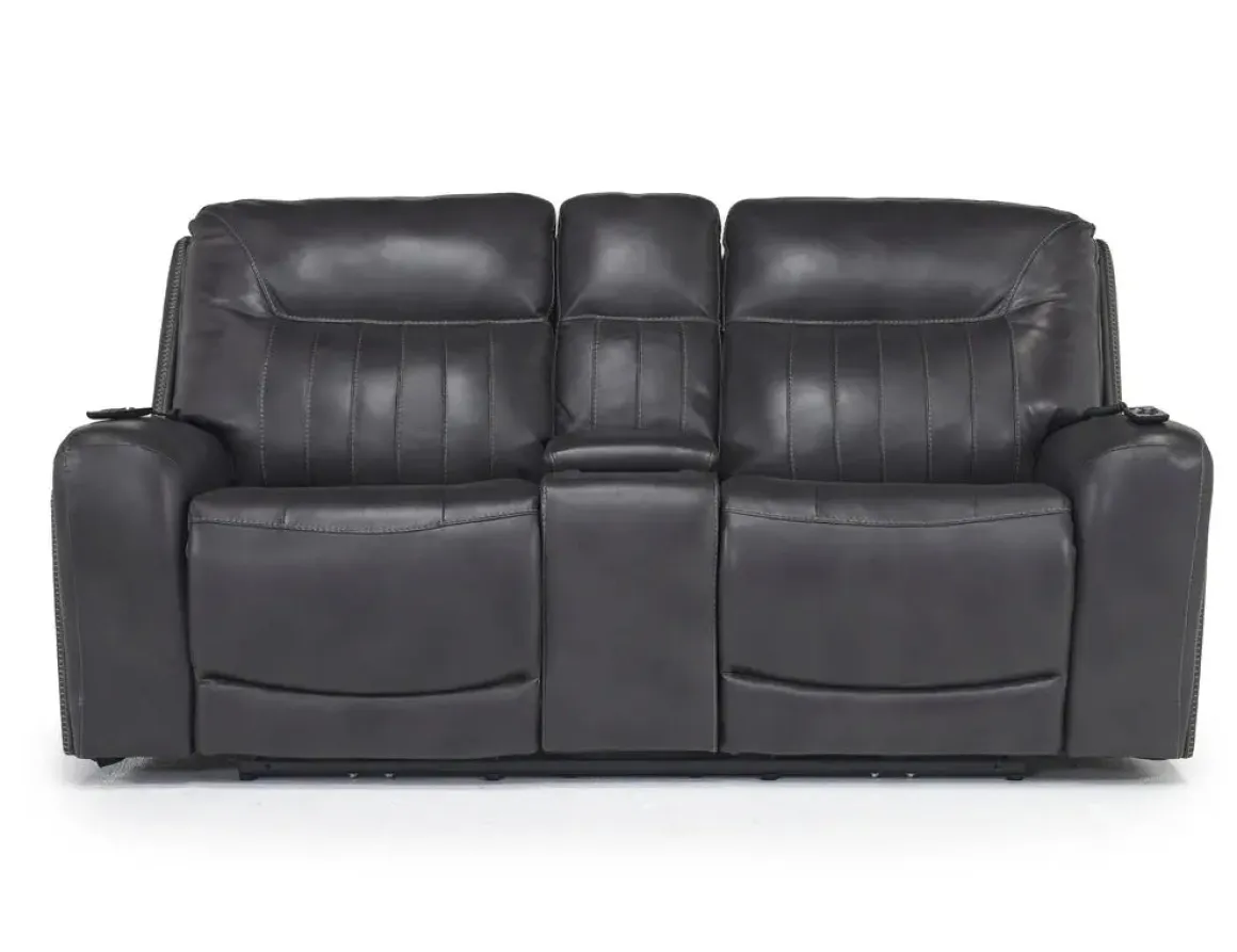 Banks 3 Power Console Loveseat In Chesapeake Charcoal Leather