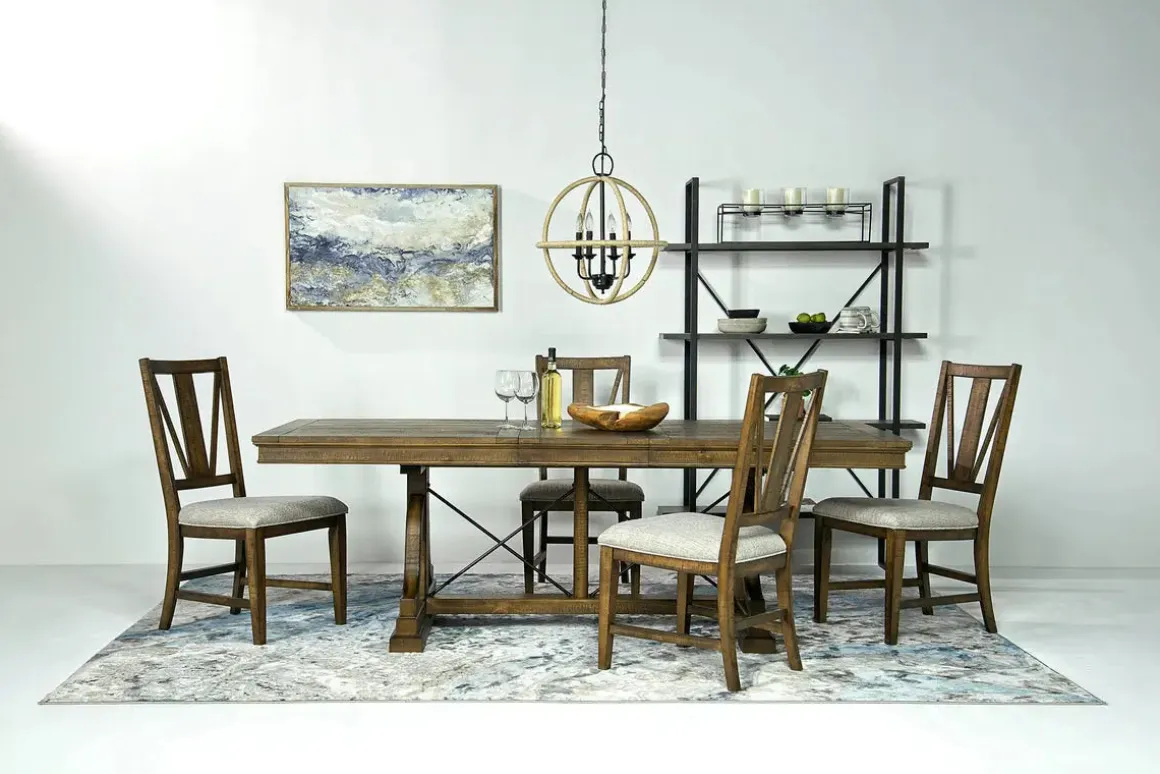 Bay Creek Extendable Dining Table & 4 Upholstered V-Back Chairs In Toasted Nutmeg