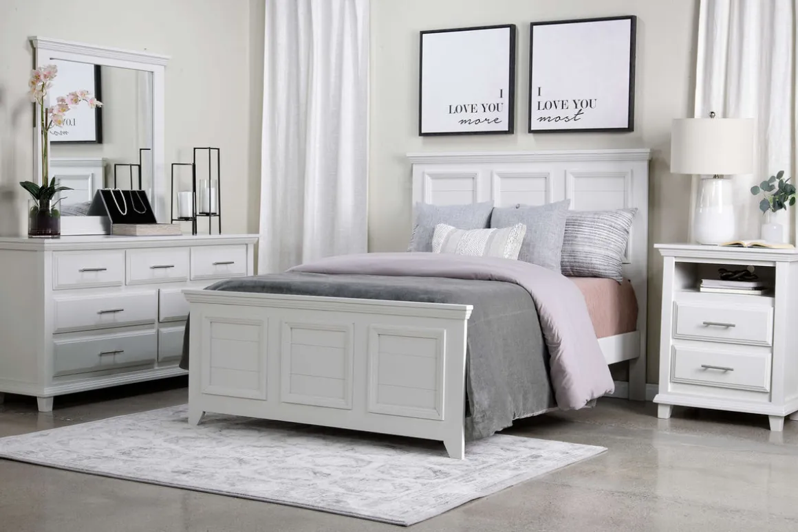 Bella Panel Bed, Dresser, Mirror & Nightstand In White, Twin