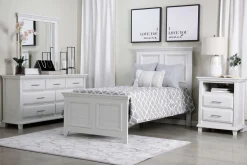 Bella Panel Bed, Dresser, Mirror & Nightstand In White, Twin