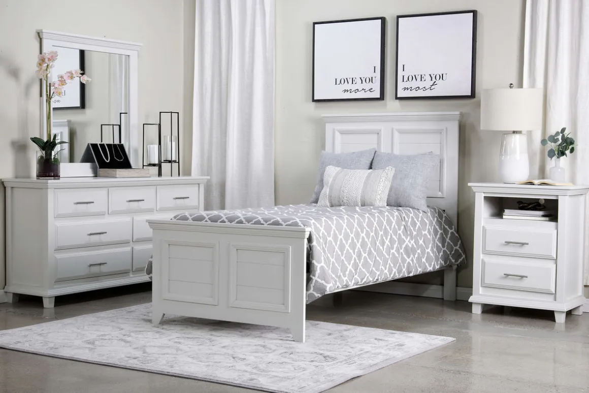 Bella Panel Bed, Dresser, Mirror & Nightstand In White, Twin