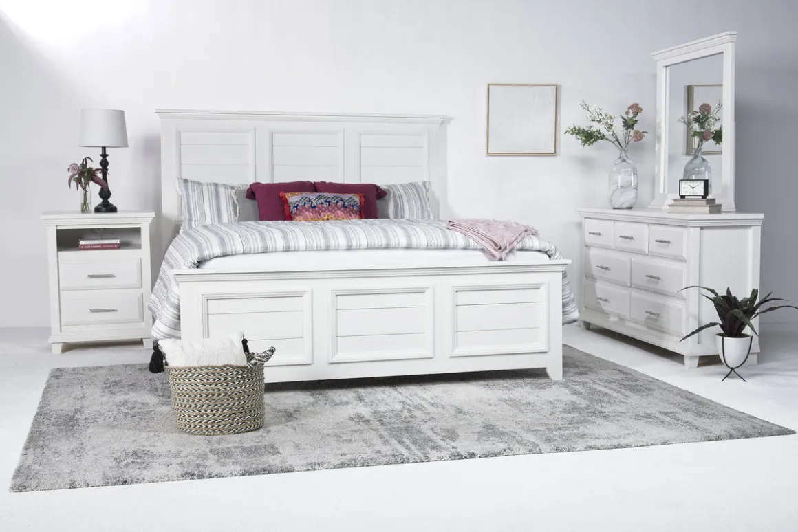 Bella Panel Bed, Dresser, Mirror & Nightstand In White, Twin