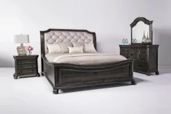 Bellamy Sleigh Bed, Dresser, Mirror & 4 Drawer Nightstand In Charcoal, Queen