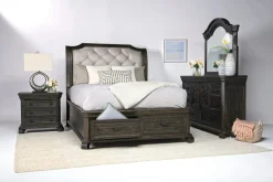 Bellamy Sleigh Bed, Dresser, Mirror & 4 Drawer Nightstand In Charcoal, Queen