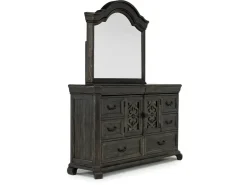 Bellamy Sleigh Bed, Dresser, Mirror & 4 Drawer Nightstand In Charcoal, Queen