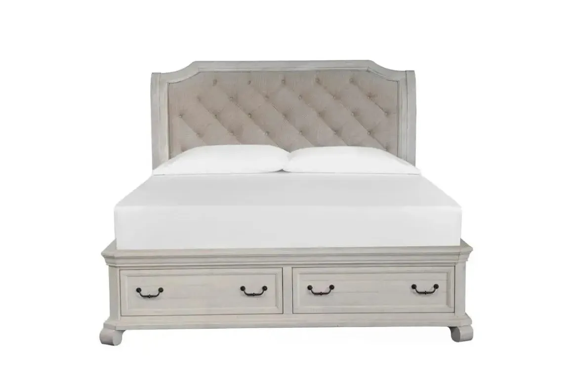 Bellamy Sleigh Bed W/ Storage In White, Queen