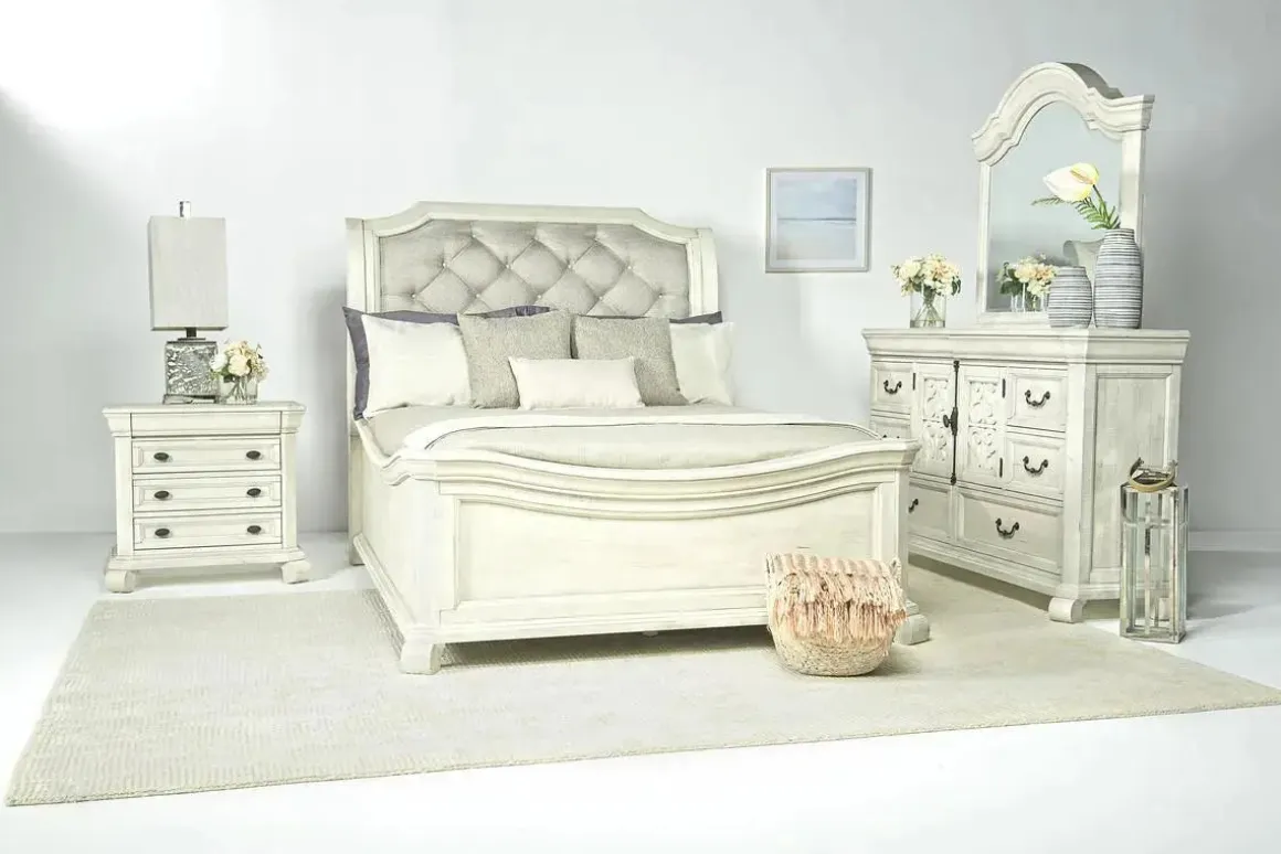 Bellamy Sleigh Bed W/ Storage In White, Queen