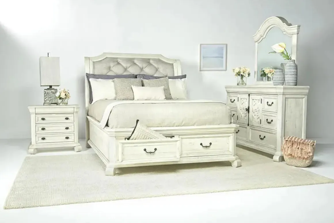 Bellamy Sleigh Bed W/ Storage In White, Queen