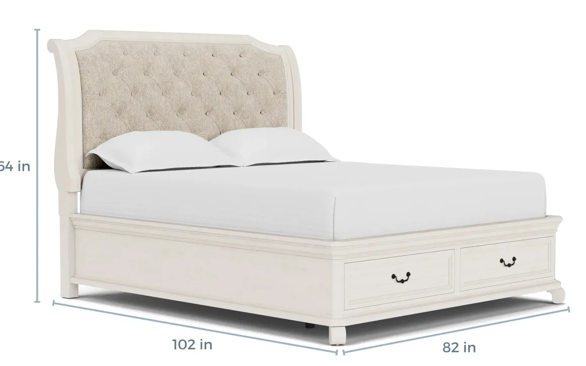Bellamy Sleigh Bed W/ Storage In White, Queen