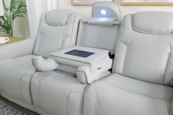 Bowden 2 Power Sofa W/ Drop Down Table In Blanca Light Gray Leather