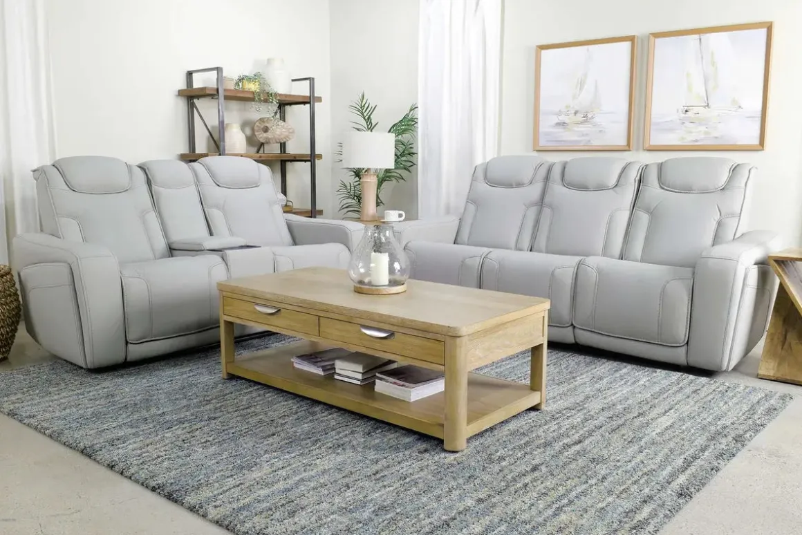 Bowden 2 Power Sofa W/ Drop Down Table In Blanca Light Gray Leather