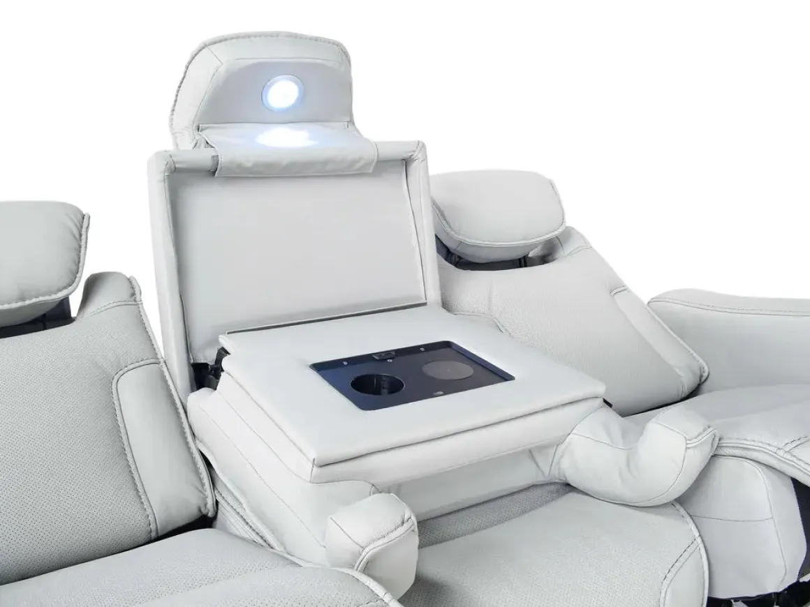 Bowden 2 Power Sofa W/ Drop Down Table In Blanca Light Gray Leather