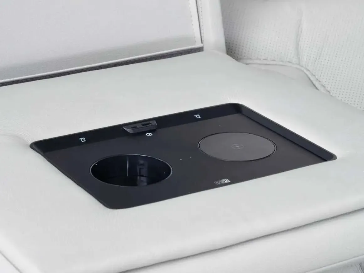 Bowden 2 Power Sofa W/ Drop Down Table In Blanca Light Gray Leather