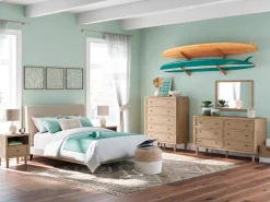 Cielden Upholstered Bed, Dresser, Mirror, 2 Nightstands & Chest In Tan, Full