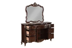 Constantine Upholstered Bed, Dresser, Mirror & Nightstand In Cherry, Queen