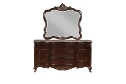 Constantine Upholstered Bed, Dresser, Mirror & Nightstand In Cherry, Queen
