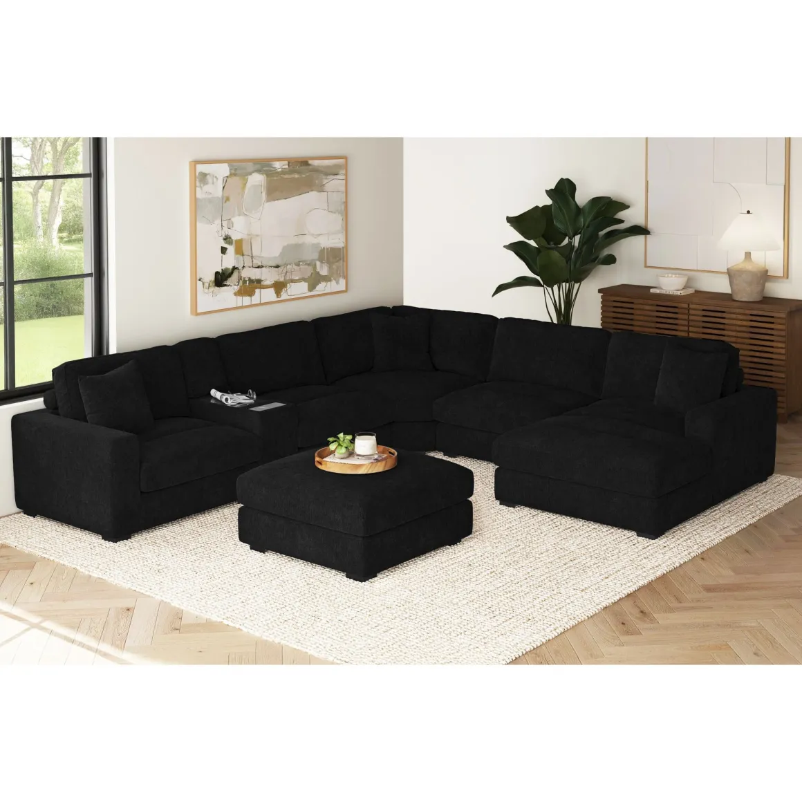Cuddle Cloud 6 Piece Chaise Sectional In Black, Left Facing