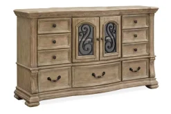 Durango Panel Bed, Dresser, Mirror & 3 Drawer Nightstand In Fawn, Queen