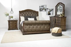Durango Sleigh Bed, Dresser, Mirror & 3 Drawer Nightstand In Fawn, Queen