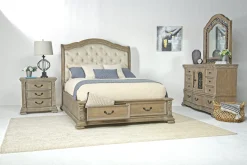 Durango Sleigh Bed, Dresser, Mirror & 3 Drawer Nightstand In Fawn, Queen