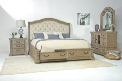 Durango Sleigh Bed, Dresser, Mirror & 3 Drawer Nightstand In Fawn, Queen