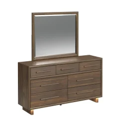 Elm Upholstered Bed W/ Lights, Dresser, Mirror & Nightstand In Brown, Queen