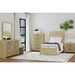 Emberly Panel Bed, Dresser, Mirror & Nightstand In Black, Twin