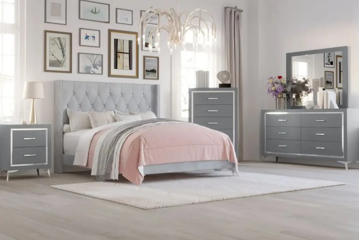 Huxley Panel Bed, Dresser, Mirror & Nightstand In Gray, Full