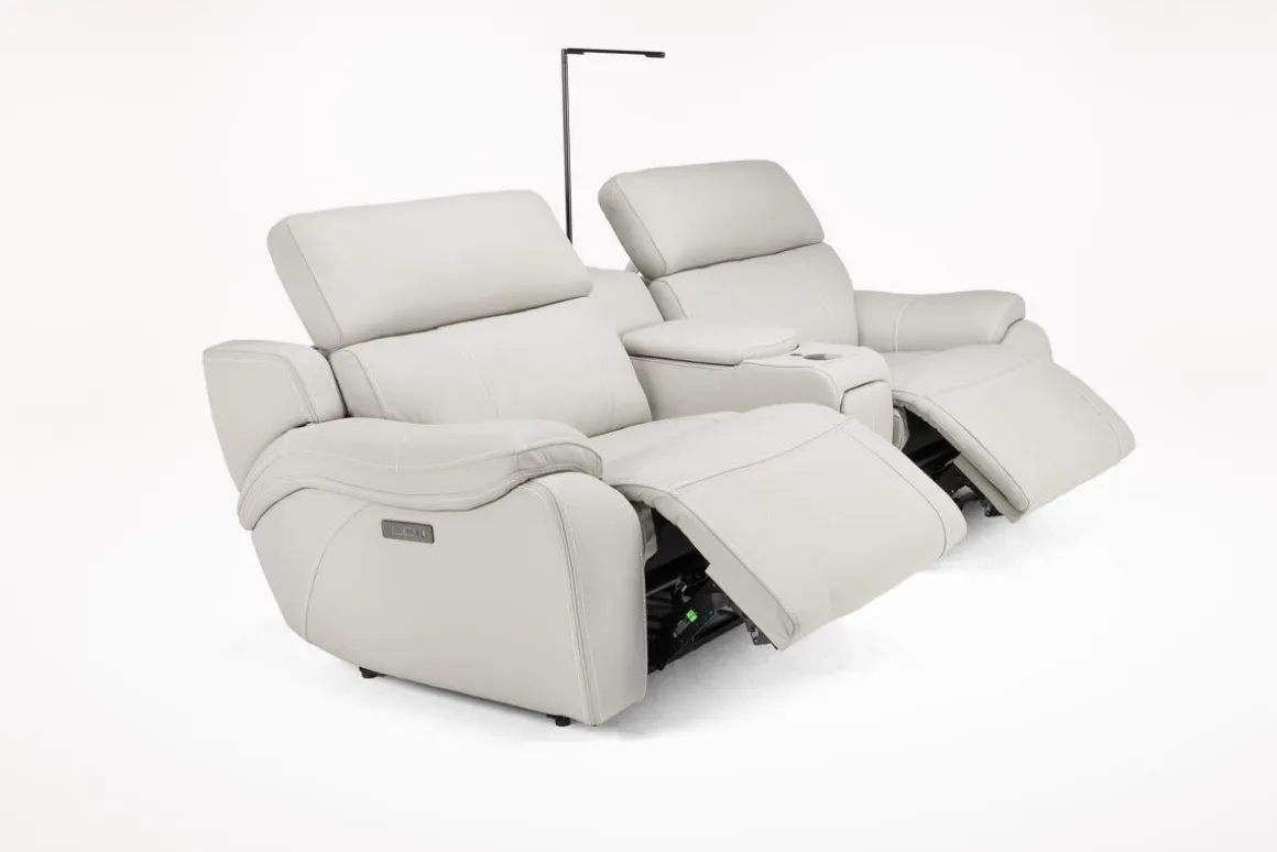 Imperial 2 Power Console Loveseat In Blanca Light Gray Leather