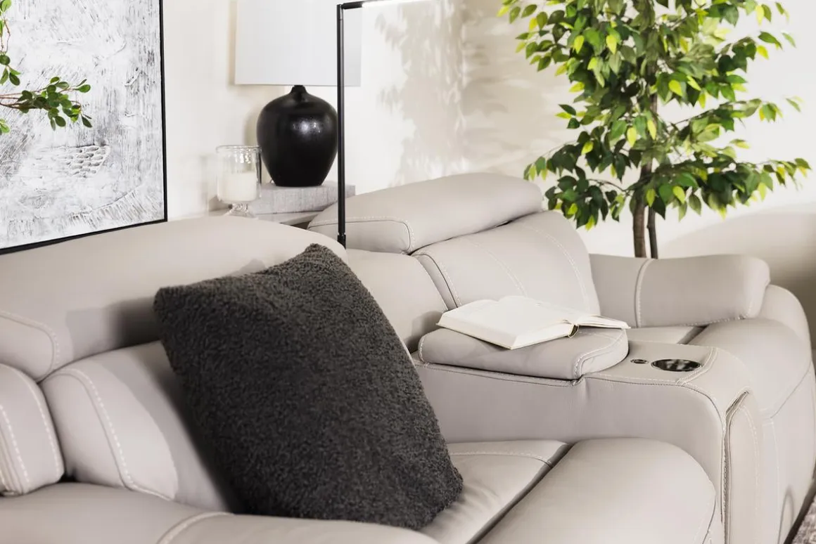 Imperial 2 Power Console Loveseat In Blanca Light Gray Leather