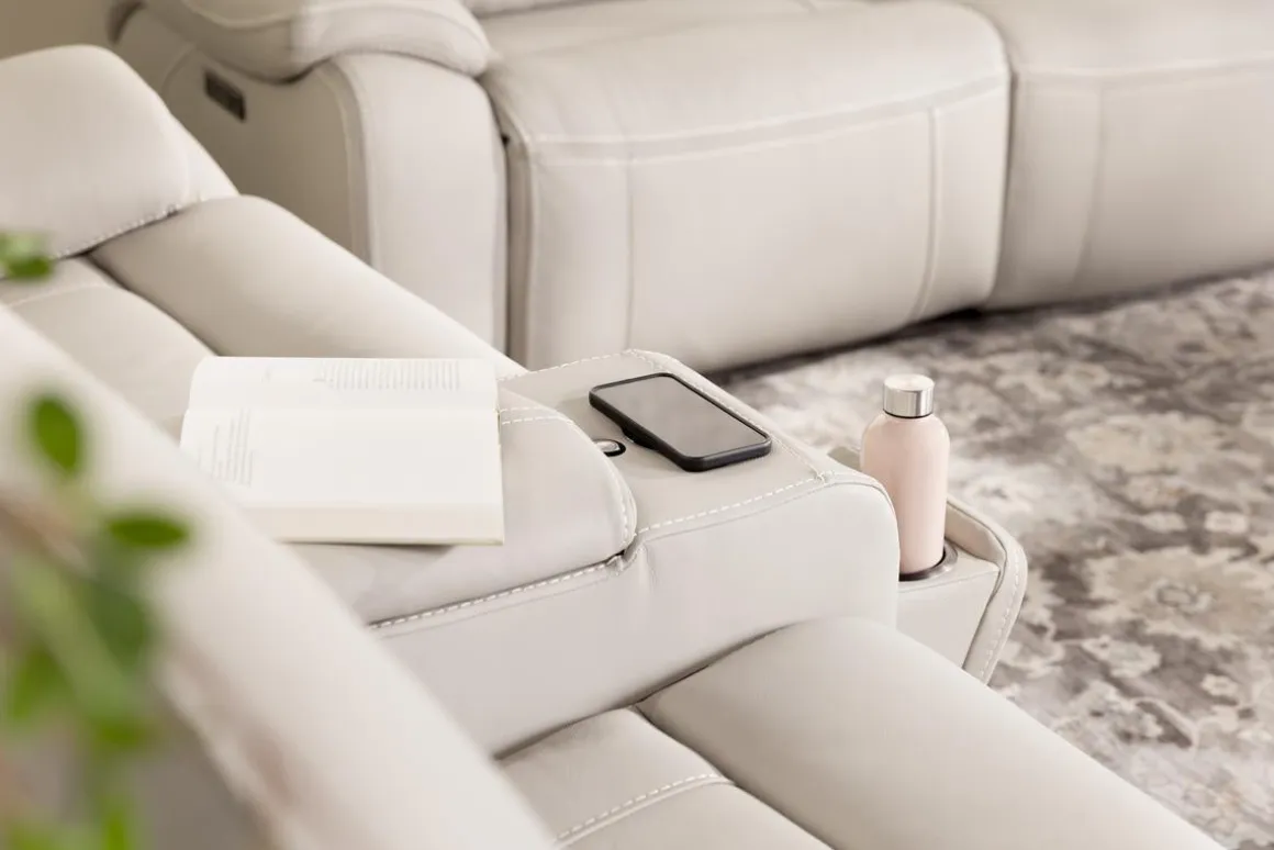 Imperial 2 Power Console Loveseat In Blanca Light Gray Leather