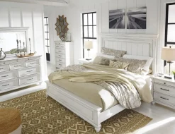 Kanwyn Panel Bed, Dresser, Mirror & Nightstand In White Wash, Queen