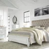 Kanwyn Upholstered Panel Bed, Dresser, Mirror & Nightstand In White Wash, Queen