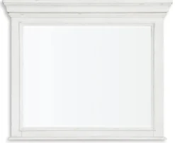 Kanwyn Upholstered Panel Bed, Dresser, Mirror & Nightstand In White Wash, Queen