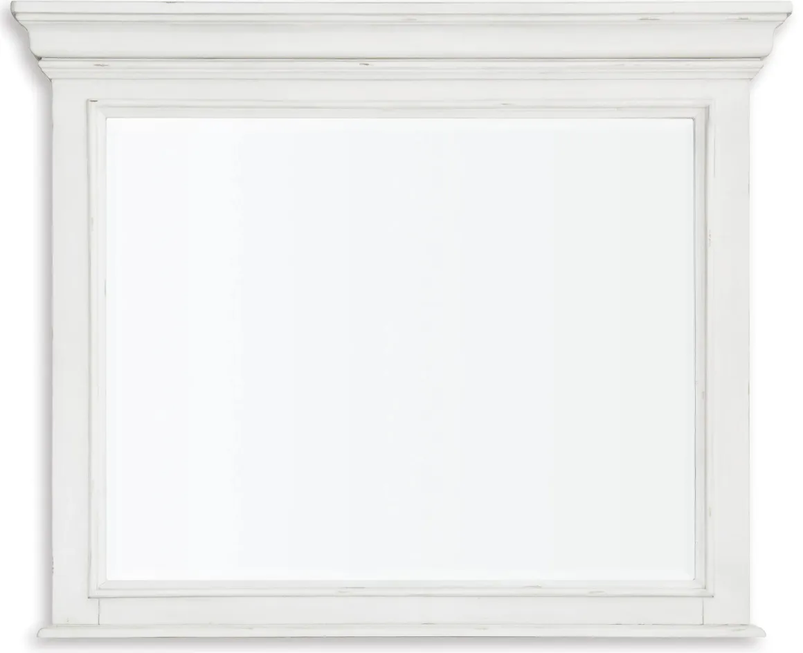 Kanwyn Upholstered Panel Bed, Dresser, Mirror & Nightstand In White Wash, Queen