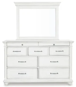 Kanwyn Upholstered Panel Bed, Dresser, Mirror & Nightstand In White Wash, Queen