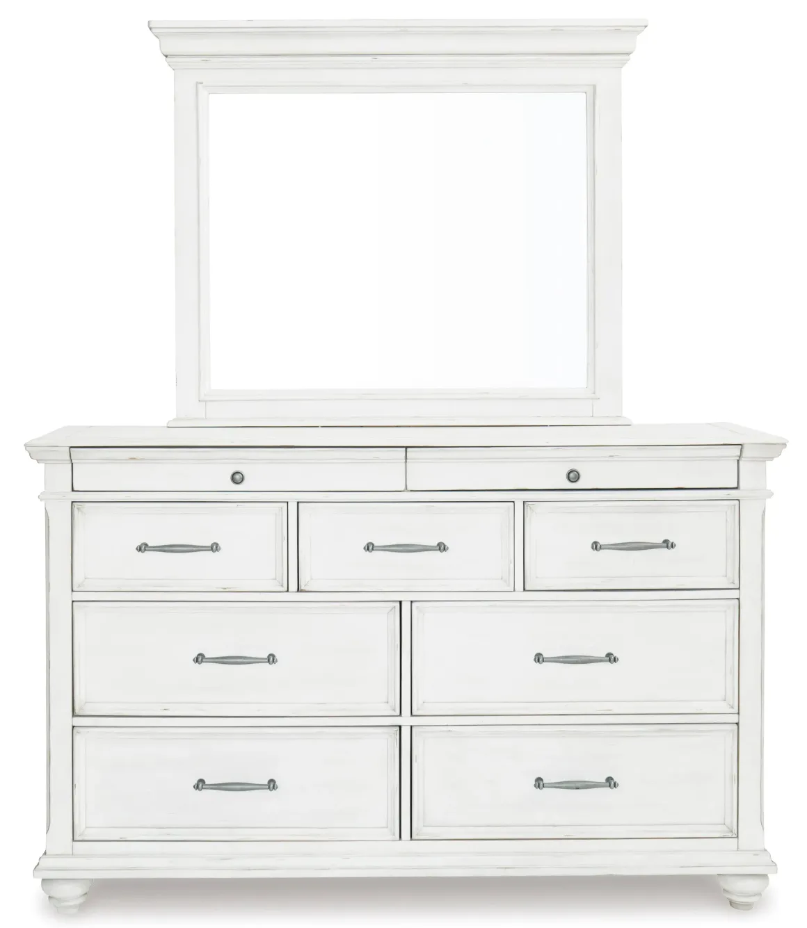 Kanwyn Upholstered Panel Bed, Dresser, Mirror & Nightstand In White Wash, Queen