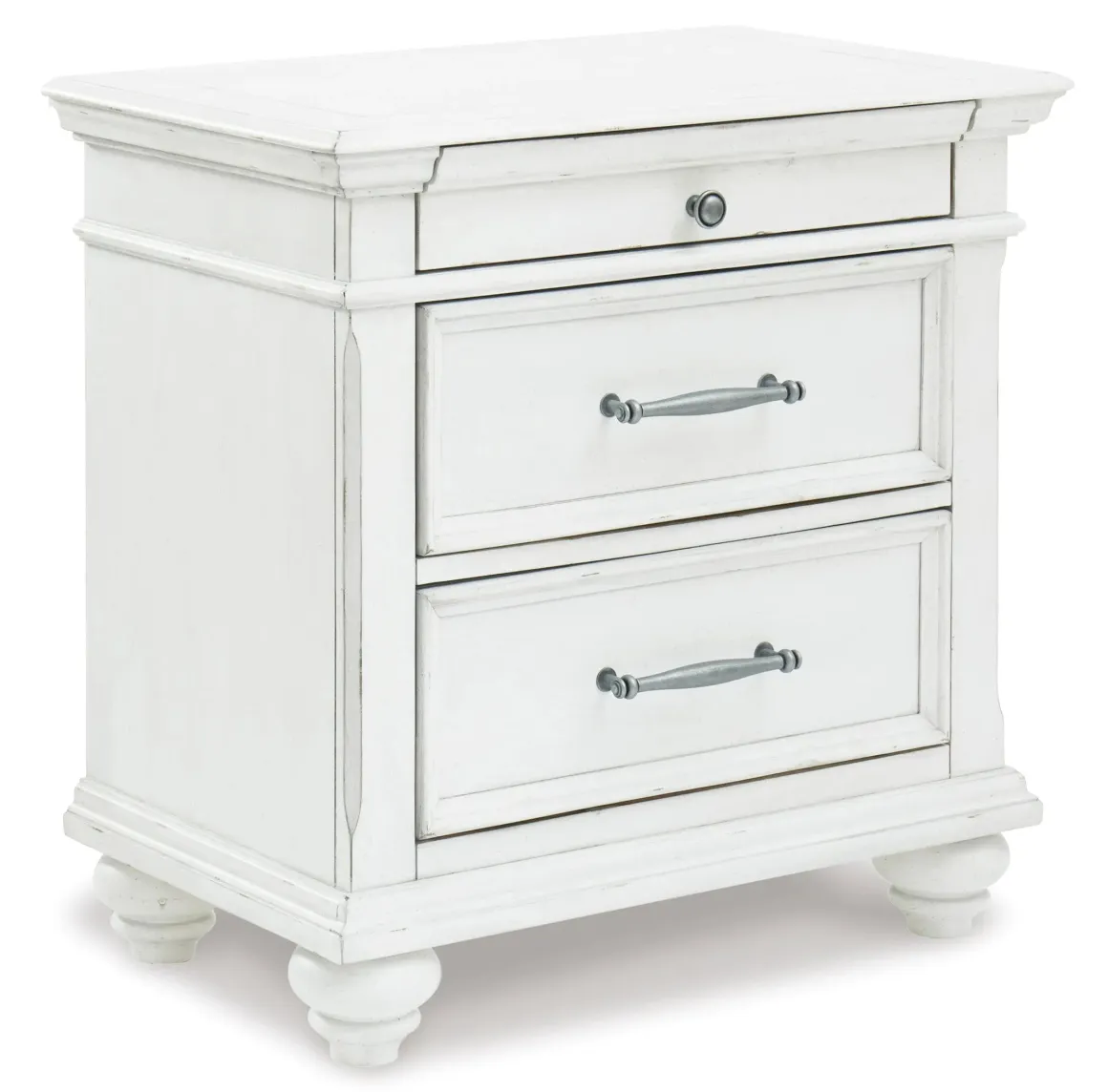 Kanwyn Upholstered Panel Bed, Dresser, Mirror & Nightstand In White Wash, Queen