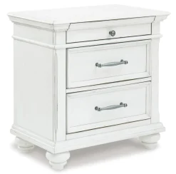 Kanwyn Upholstered Panel Bed, Dresser, Mirror & Nightstand In White Wash, Queen
