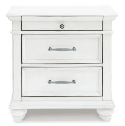 Kanwyn Upholstered Panel Bed, Dresser, Mirror & Nightstand In White Wash, Queen