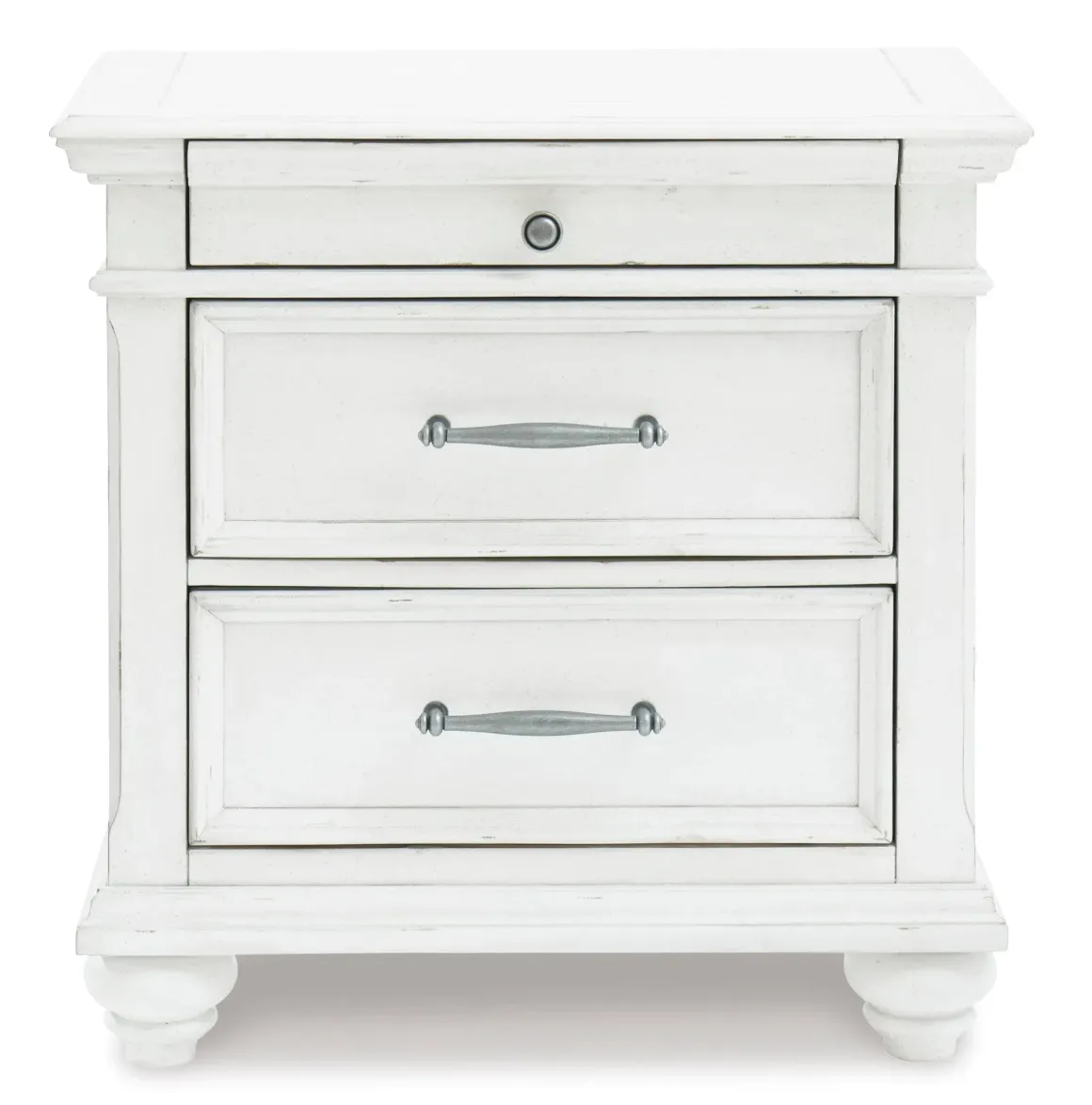 Kanwyn Upholstered Panel Bed, Dresser, Mirror & Nightstand In White Wash, Queen