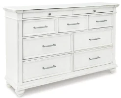 Kanwyn Upholstered Panel Bed, Dresser, Mirror & Nightstand In White Wash, Queen