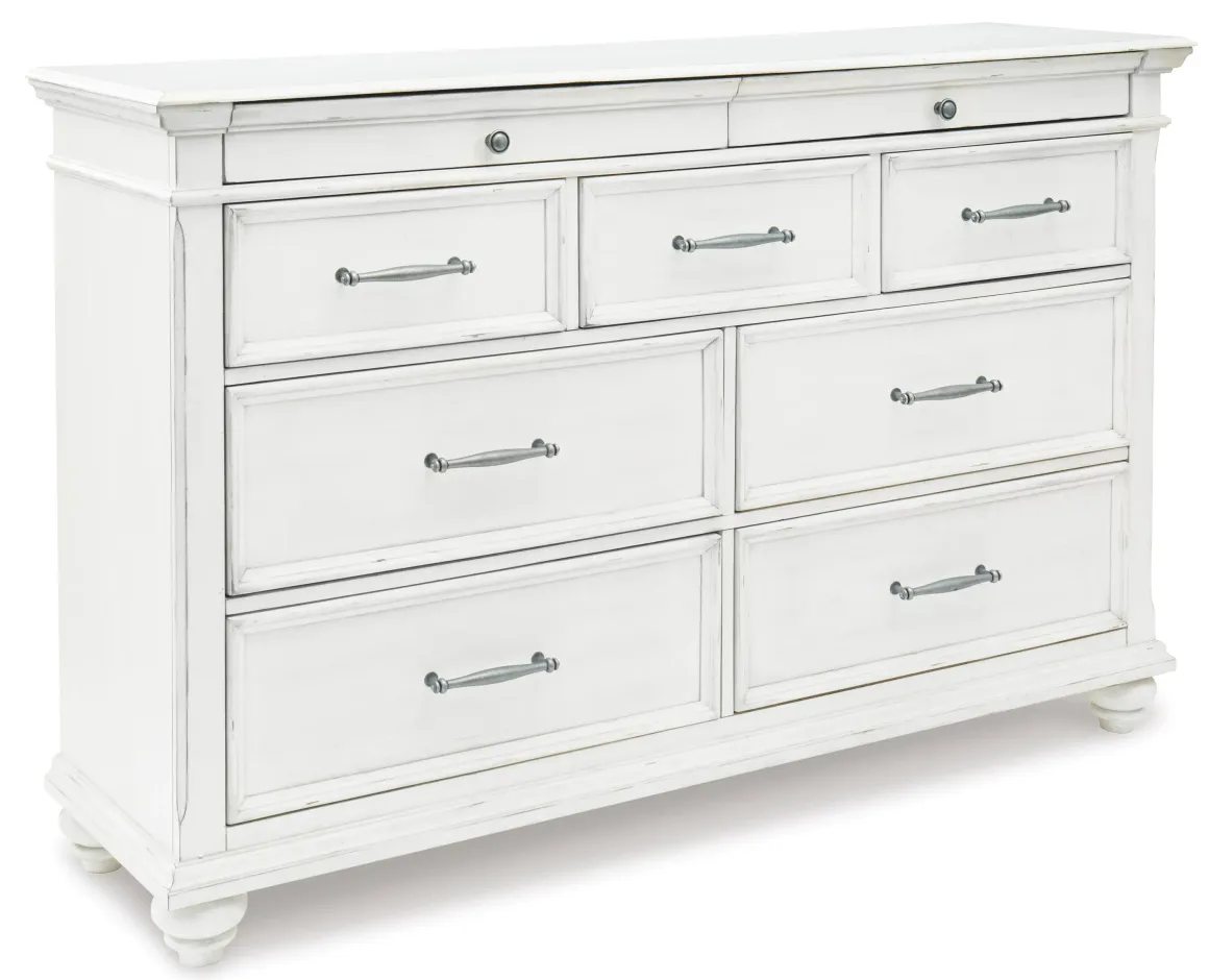 Kanwyn Upholstered Panel Bed, Dresser, Mirror & Nightstand In White Wash, Queen