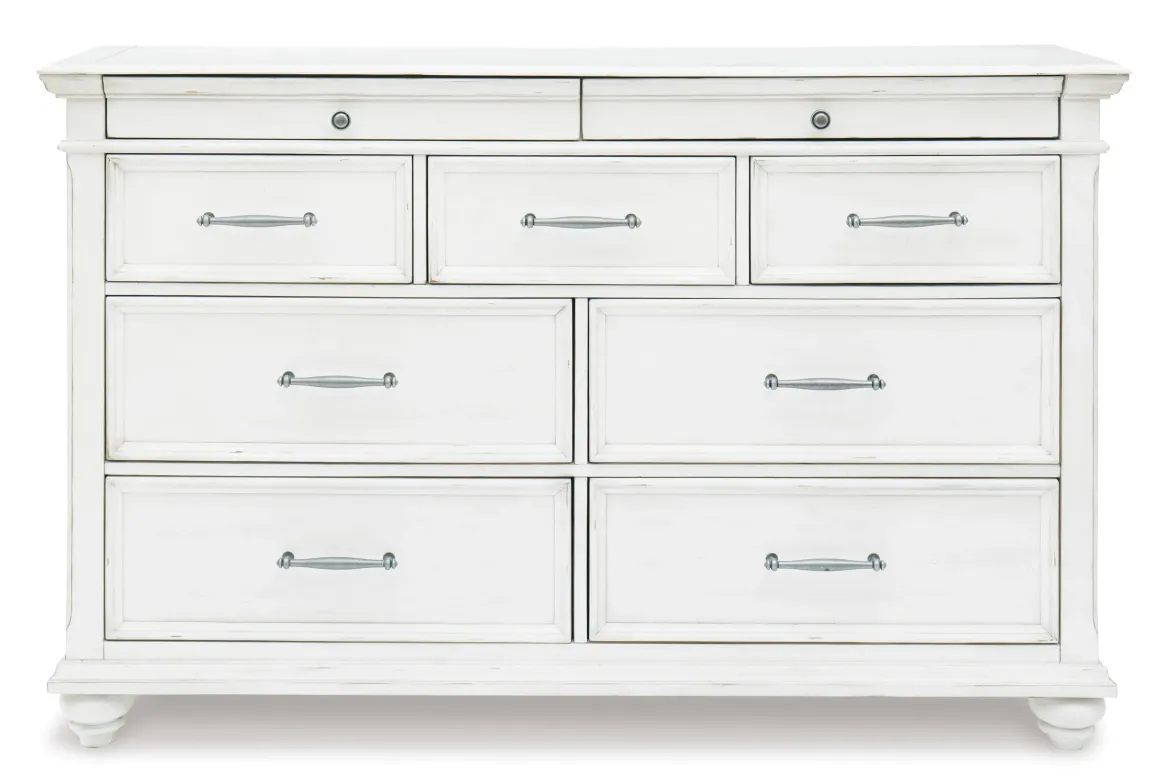 Kanwyn Upholstered Panel Bed, Dresser, Mirror & Nightstand In White Wash, Queen