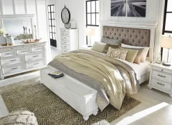 Kanwyn Upholstered Panel Bed W/ Storage, Dresser, Mirror & Nightstand In White Wash, Queen