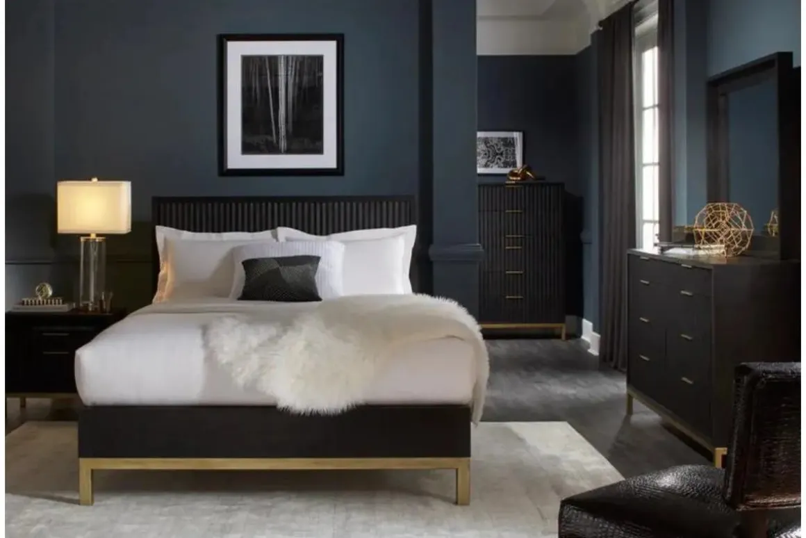 Kentfield Platform Bed, Dresser, Mirror & Nightstand In Black Drifted Oak, Full