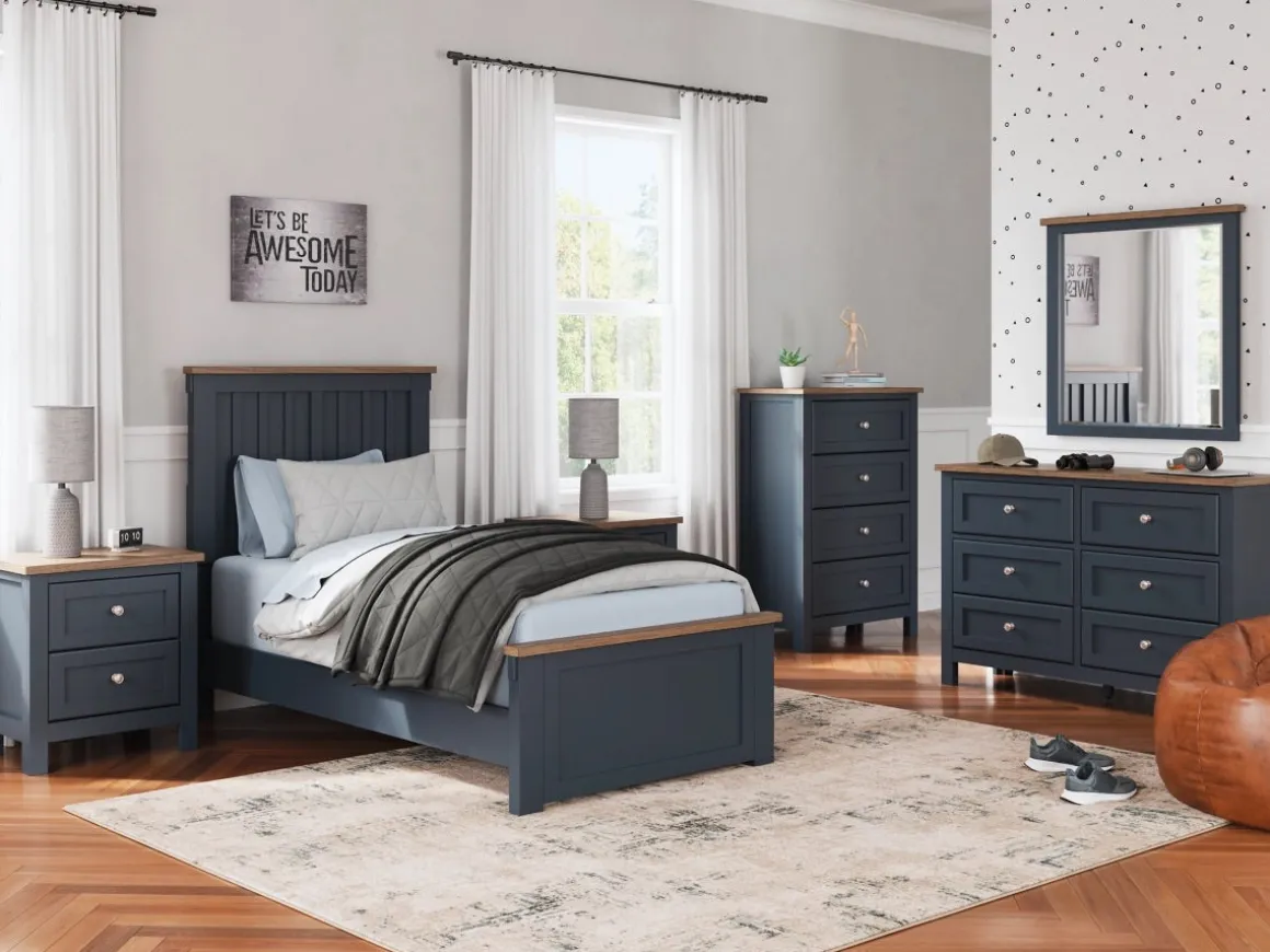 Landocken Panel Bed, Dresser, Mirror & Nightstand In Brown/Blue, Twin