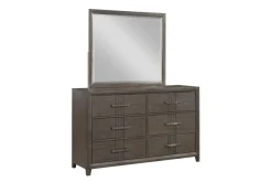 Landon Upholstered Panel Bed W/ Storage, Dresser, Mirror & Nightstand In Walnut, Queen