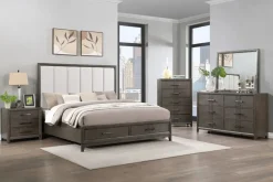 Landon Upholstered Panel Bed W/ Storage, Dresser, Mirror & Nightstand In Walnut, Queen